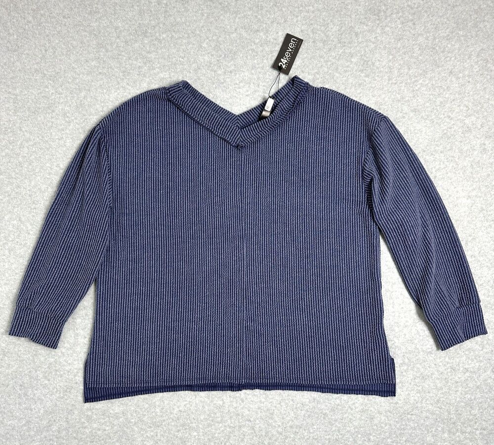 Nwt 24seven Comfort Apparel Women's Size L Blue Ribbed V-Neck Knit Top